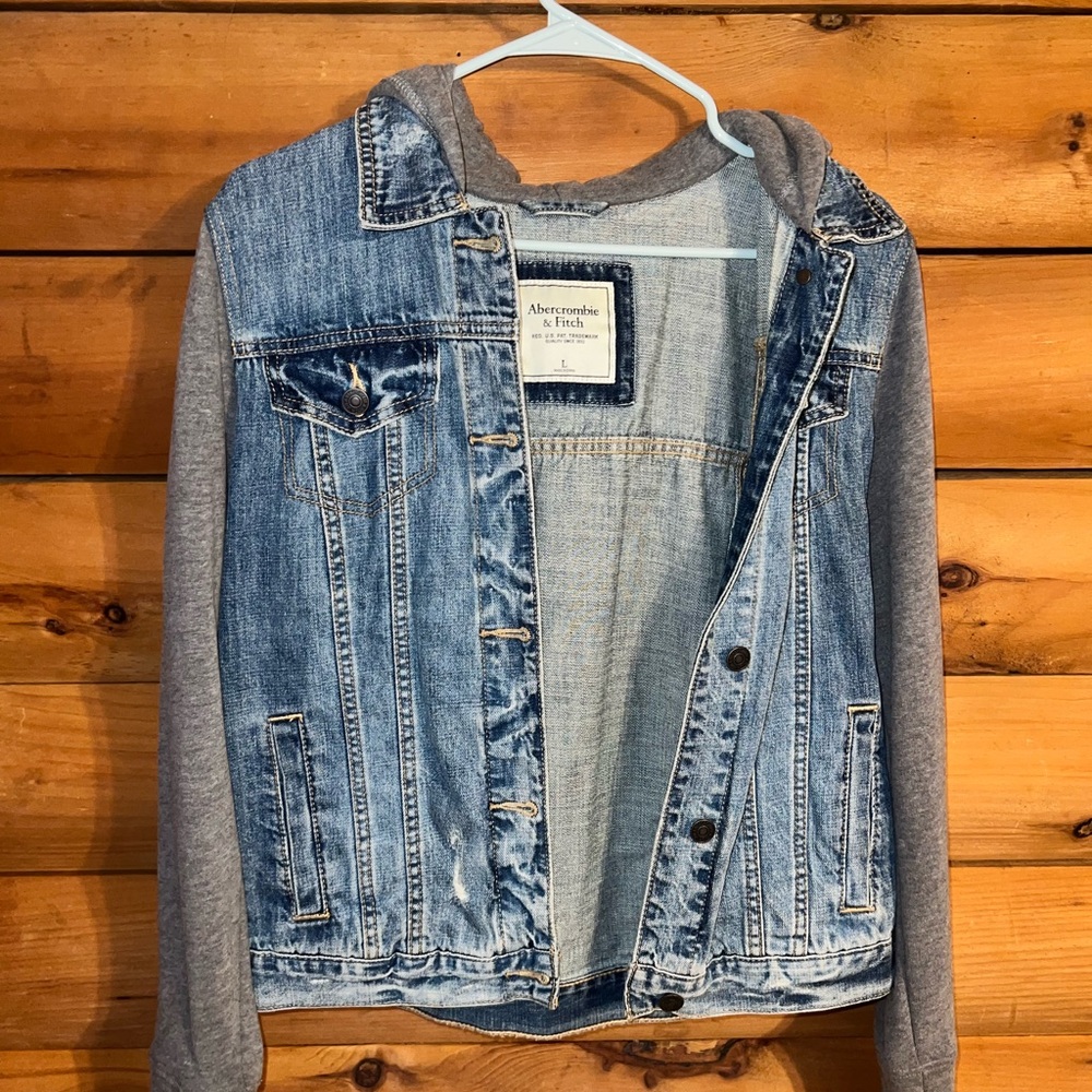Abercrombie & Fitch Light Blue Denim Jacket with Gray Hoodie Sleeves